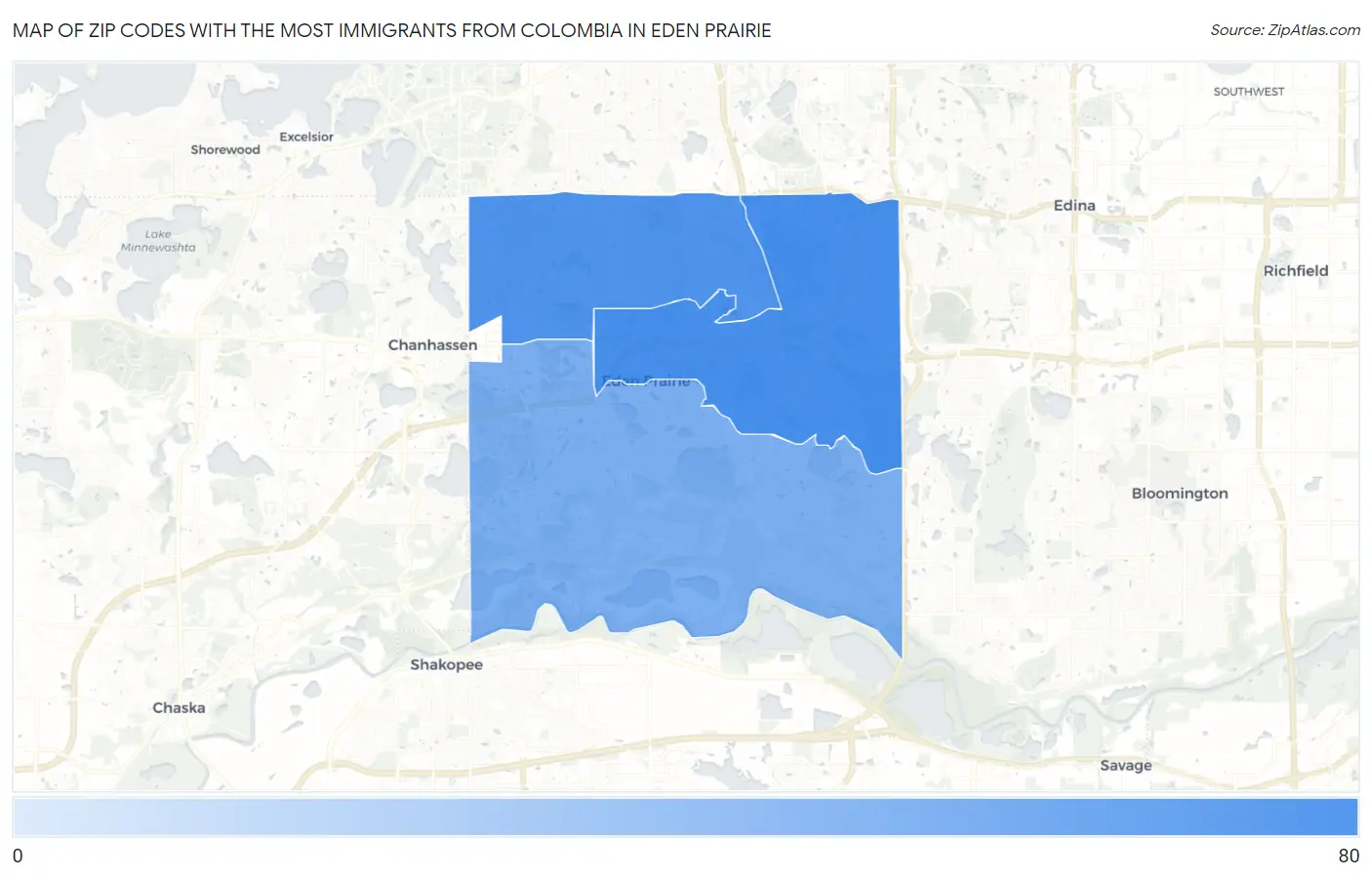 Zip Codes with the Most Immigrants from Colombia in Eden Prairie Map