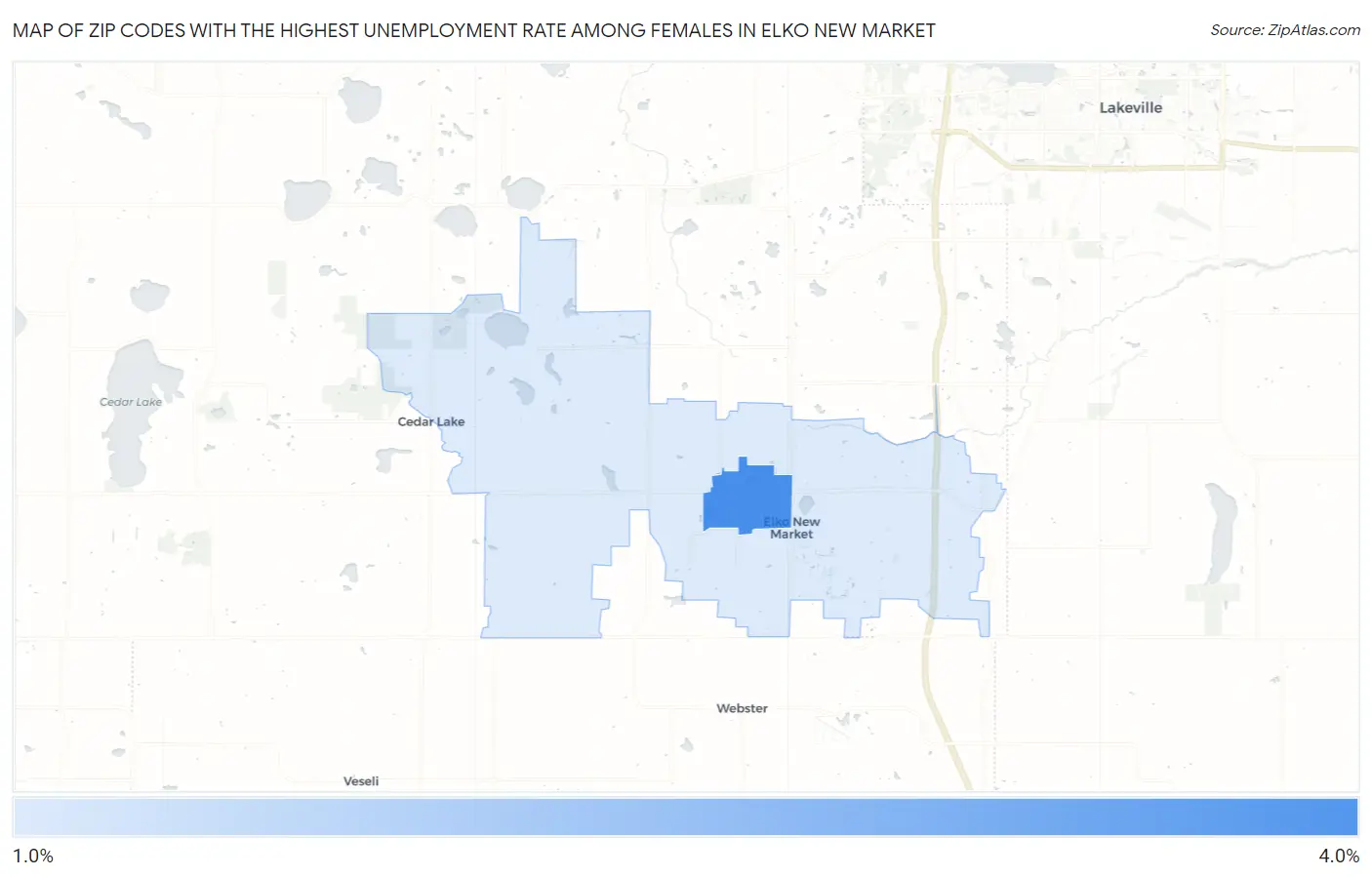 Zip Codes with the Highest Unemployment Rate Among Females in Elko New Market Map