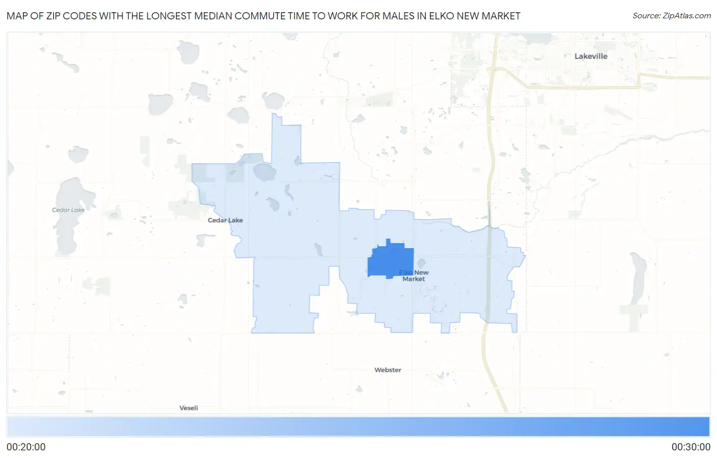Zip Codes with the Longest Median Commute Time to Work for Males in Elko New Market Map