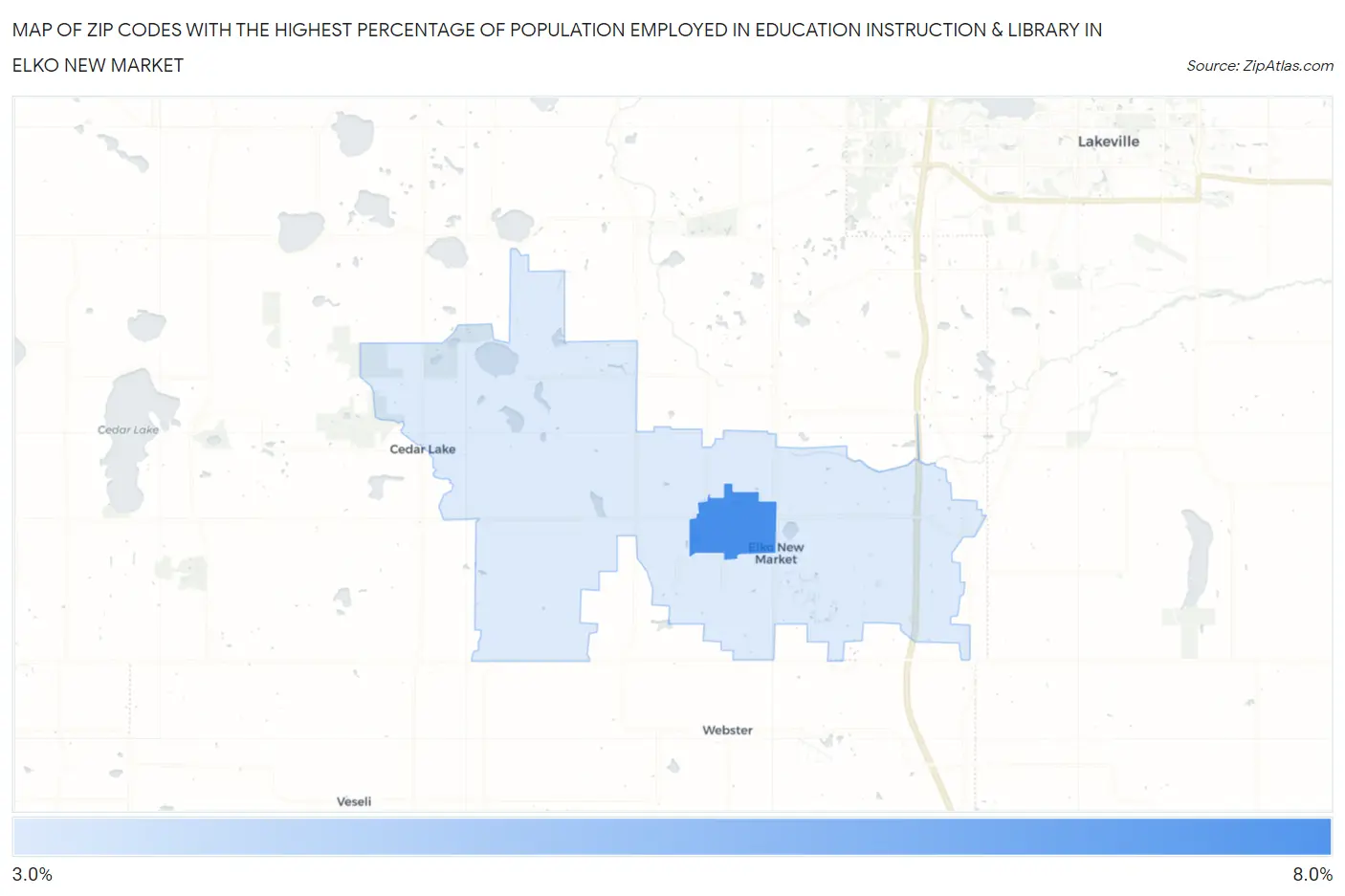 Zip Codes with the Highest Percentage of Population Employed in Education Instruction & Library in Elko New Market Map