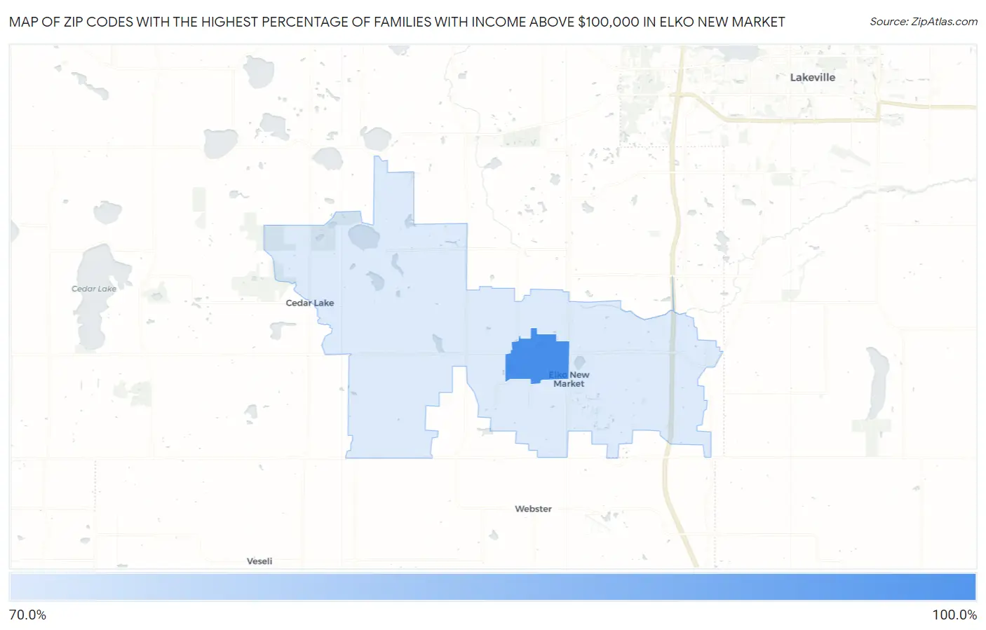 Zip Codes with the Highest Percentage of Families with Income Above $100,000 in Elko New Market Map