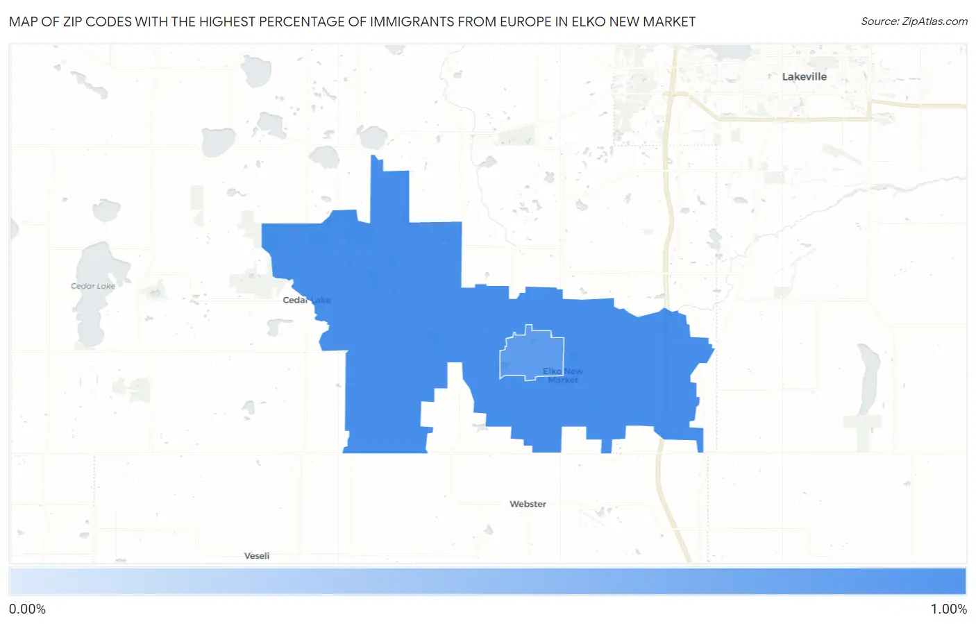 Zip Codes with the Highest Percentage of Immigrants from Europe in Elko New Market Map