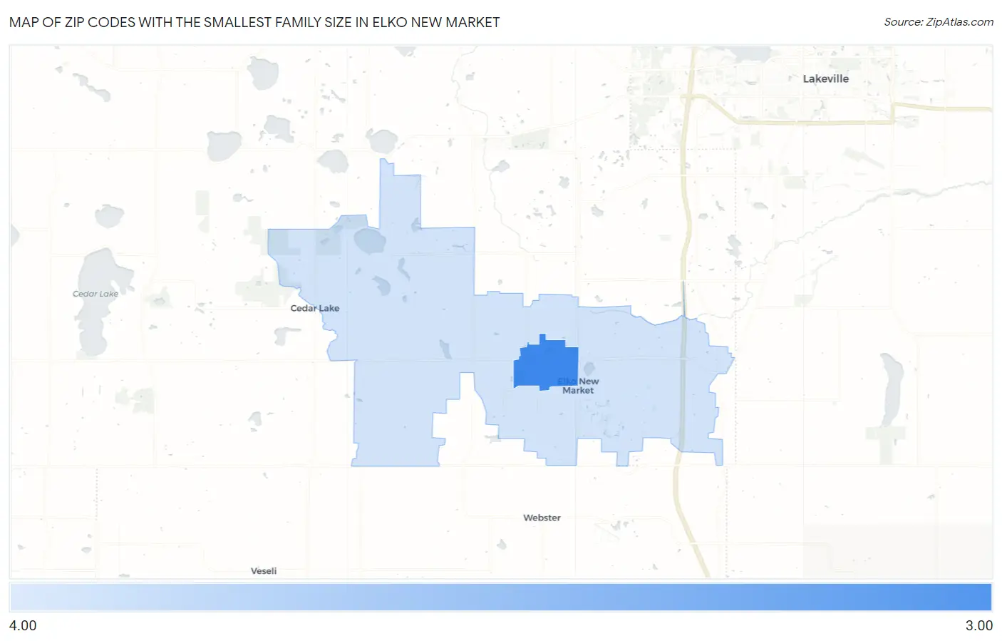 Zip Codes with the Smallest Family Size in Elko New Market Map