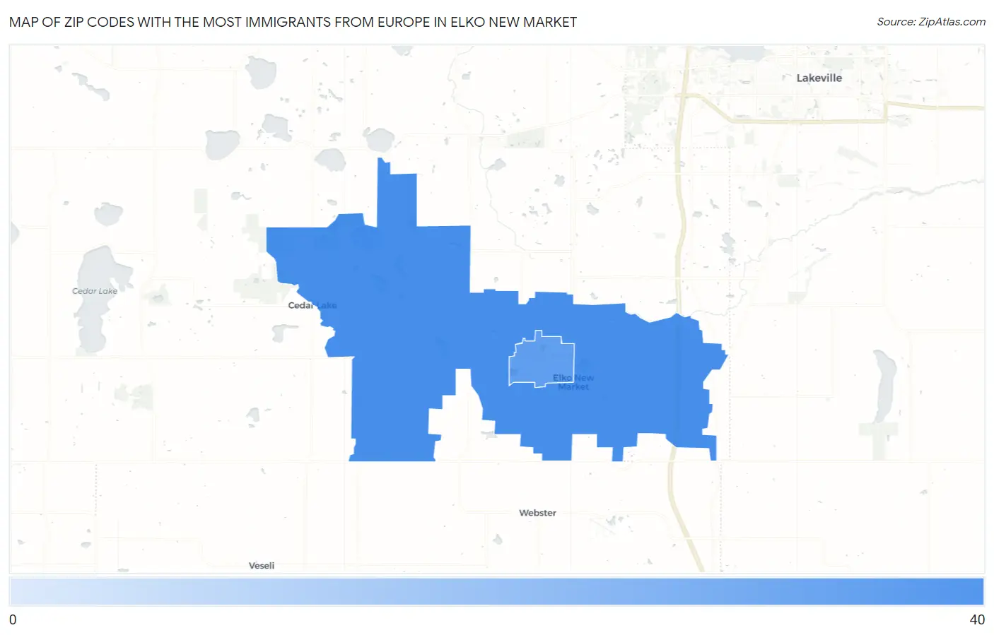 Zip Codes with the Most Immigrants from Europe in Elko New Market Map