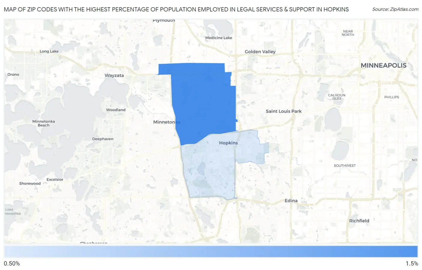 Zip Codes with the Highest Percentage of Population Employed in Legal Services & Support in Hopkins Map