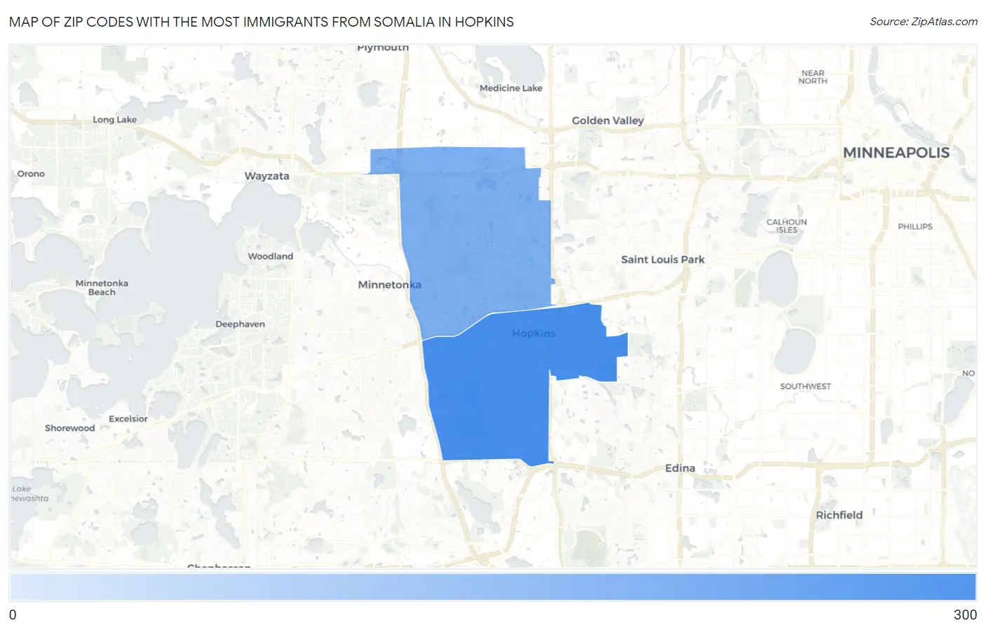 Zip Codes with the Most Immigrants from Somalia in Hopkins Map