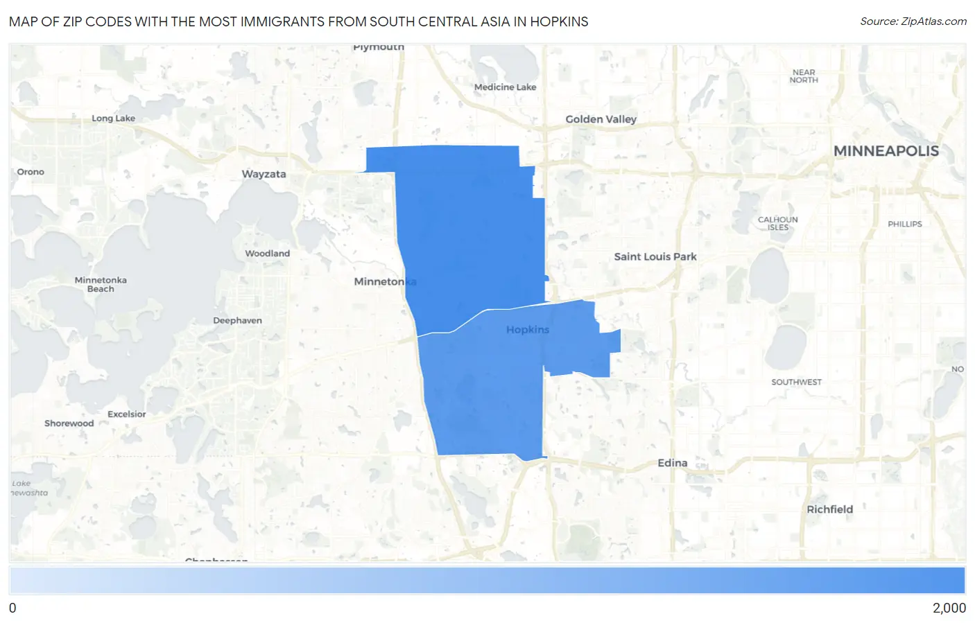 Zip Codes with the Most Immigrants from South Central Asia in Hopkins Map