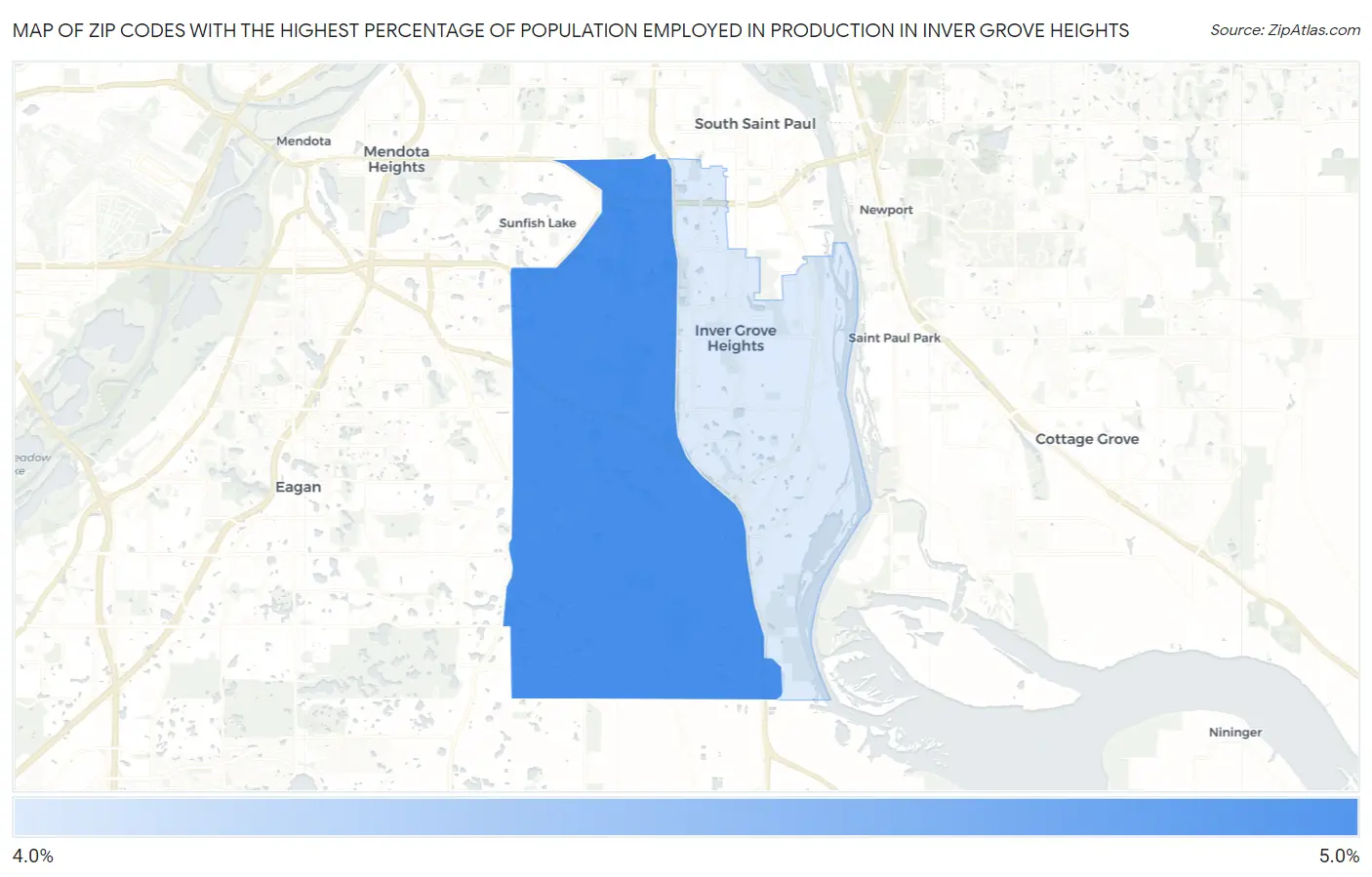 Zip Codes with the Highest Percentage of Population Employed in Production in Inver Grove Heights Map