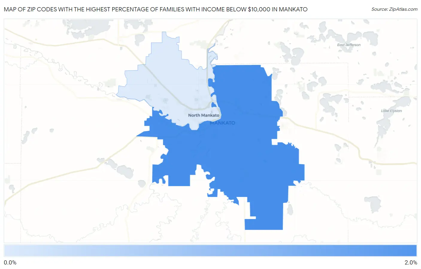 Zip Codes with the Highest Percentage of Families with Income Below $10,000 in Mankato Map