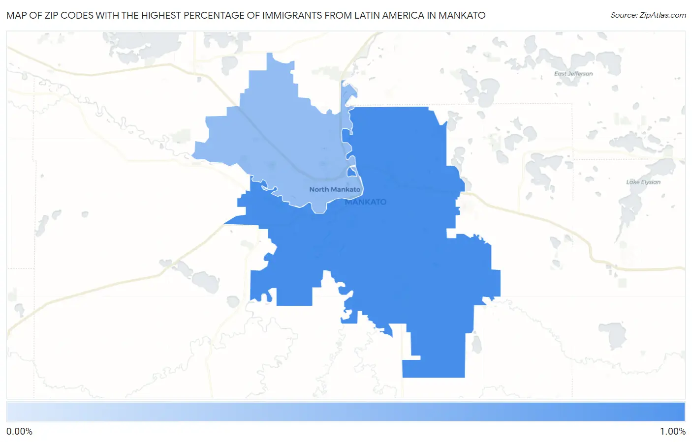 Zip Codes with the Highest Percentage of Immigrants from Latin America in Mankato Map