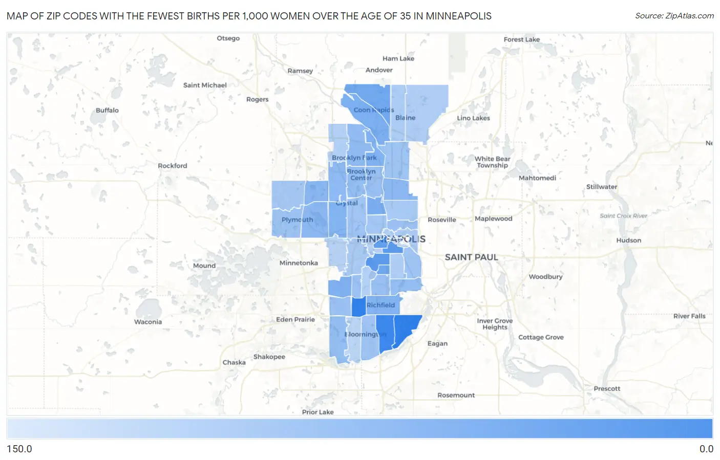 Zip Codes with the Fewest Births per 1,000 Women Over the Age of 35 in Minneapolis Map