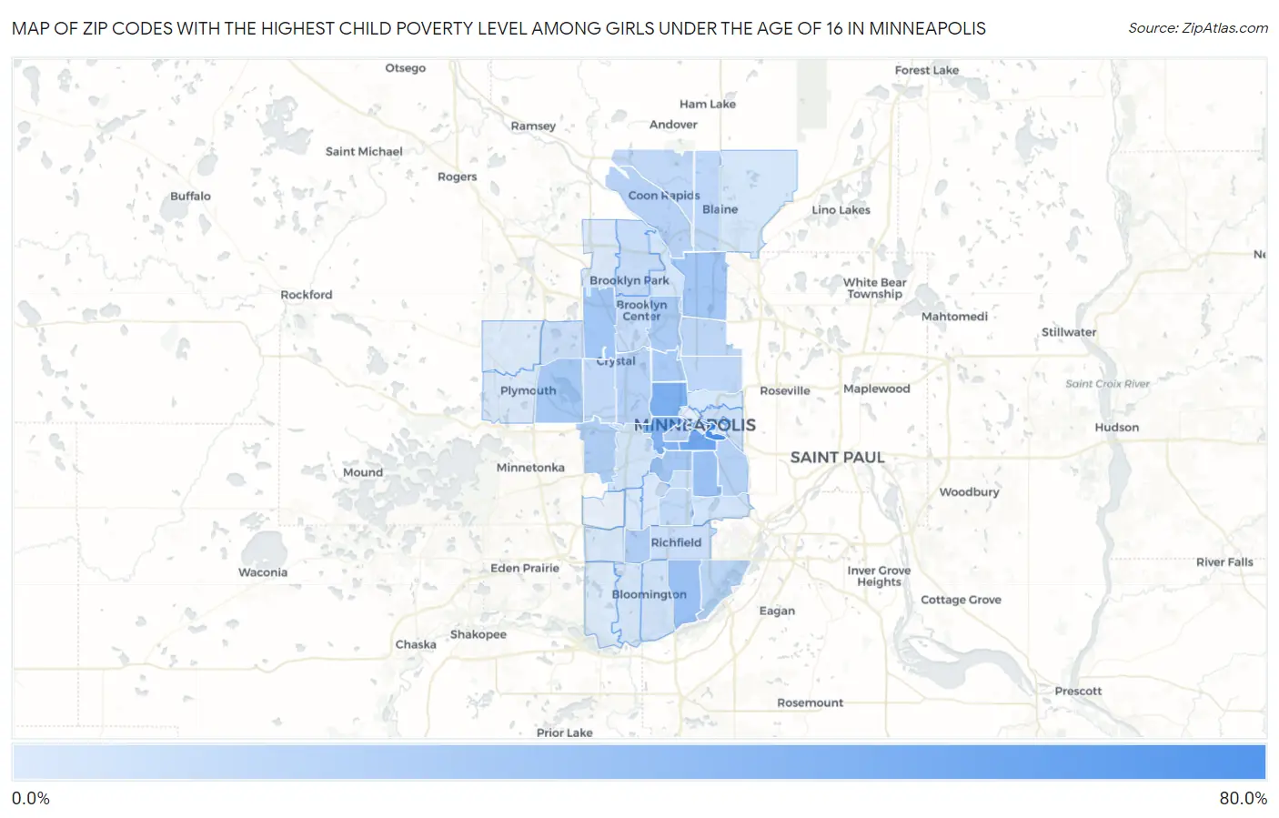 Zip Codes with the Highest Child Poverty Level Among Girls Under the Age of 16 in Minneapolis Map
