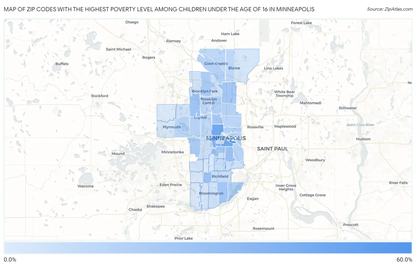 Zip Codes with the Highest Poverty Level Among Children Under the Age of 16 in Minneapolis Map