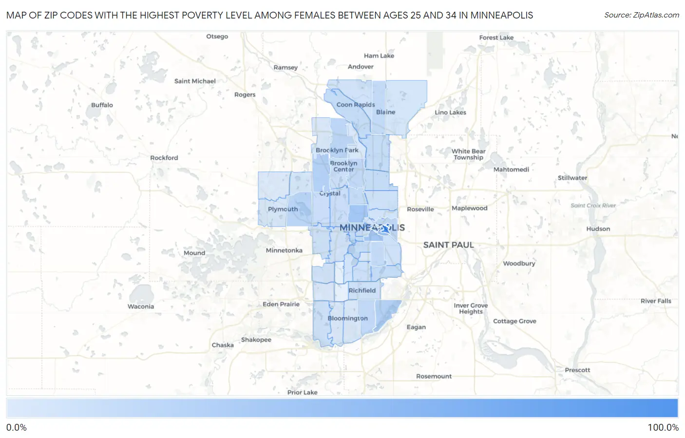 Zip Codes with the Highest Poverty Level Among Females Between Ages 25 and 34 in Minneapolis Map