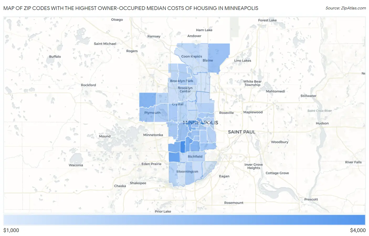 Zip Codes with the Highest Owner-Occupied Median Costs of Housing in Minneapolis Map