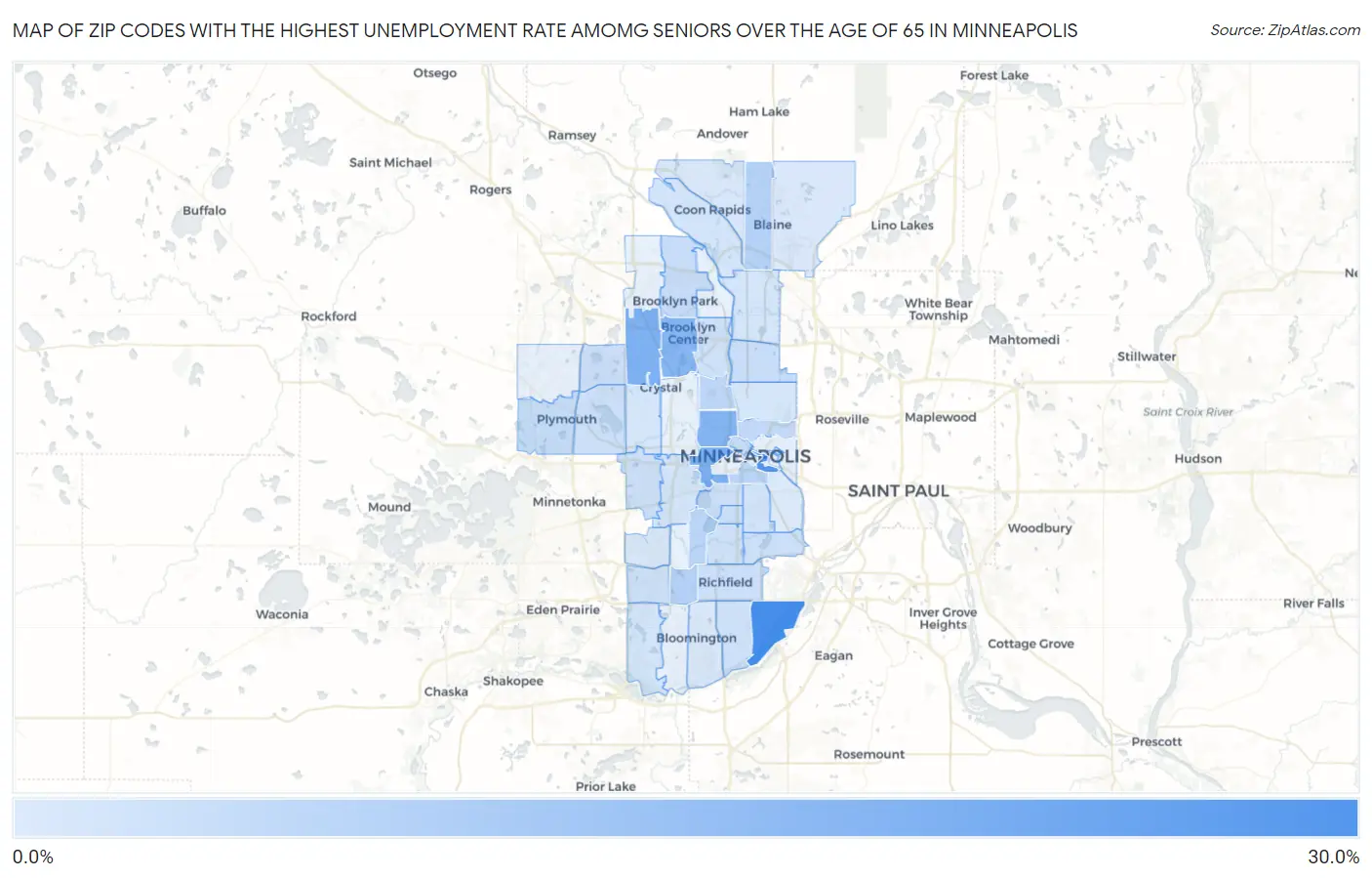 Zip Codes with the Highest Unemployment Rate Amomg Seniors Over the Age of 65 in Minneapolis Map
