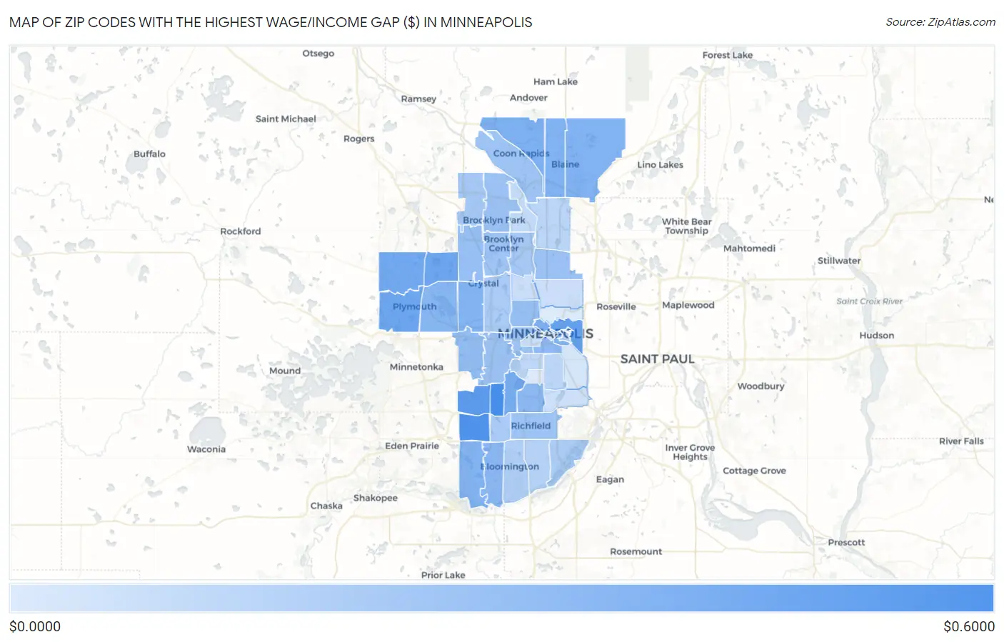 Zip Codes with the Highest Wage/Income Gap ($) in Minneapolis Map