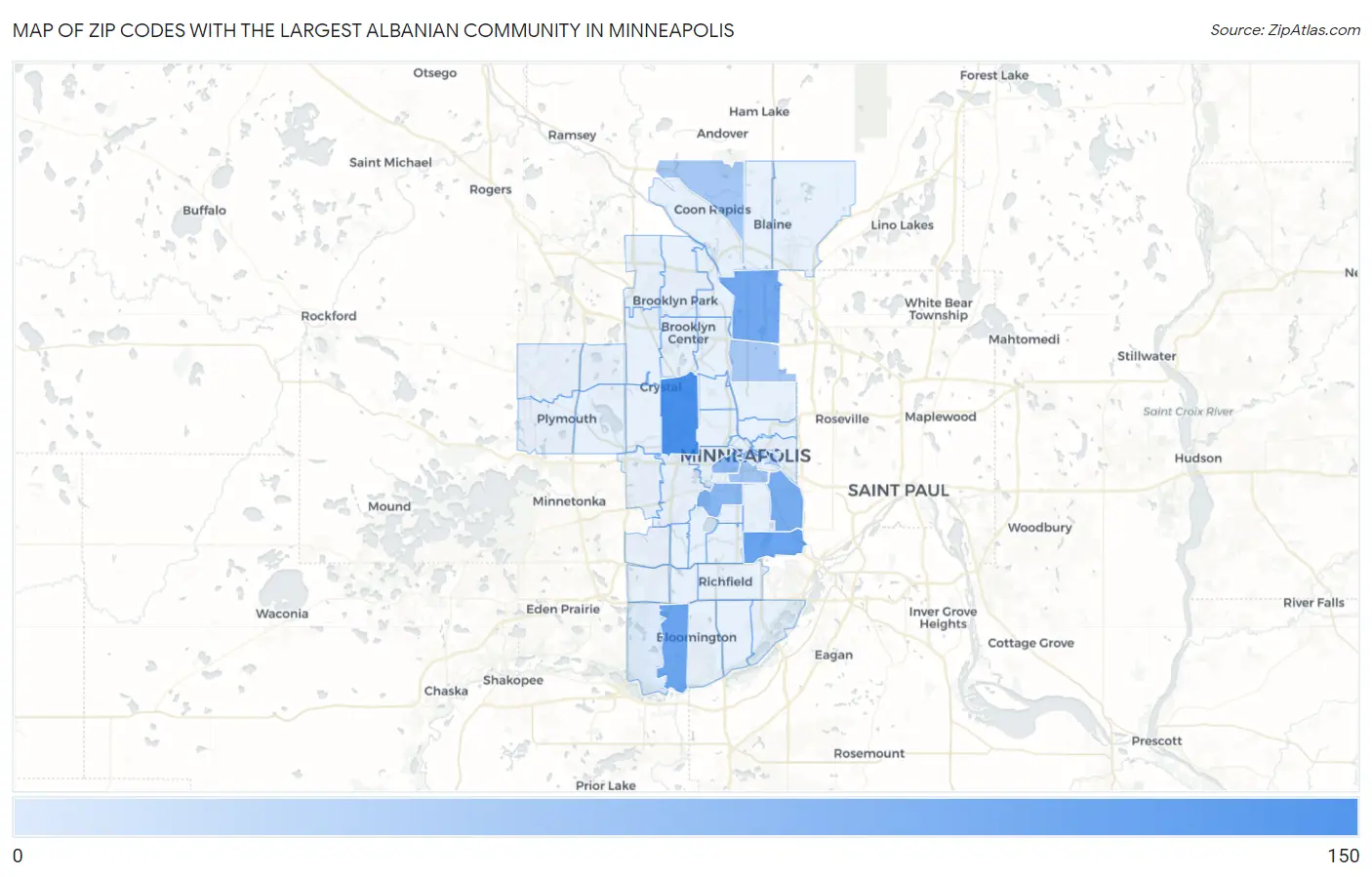Zip Codes with the Largest Albanian Community in Minneapolis Map