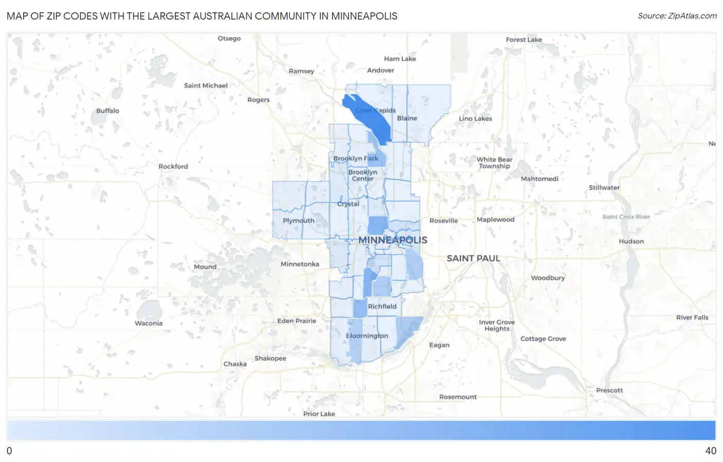 Zip Codes with the Largest Australian Community in Minneapolis Map