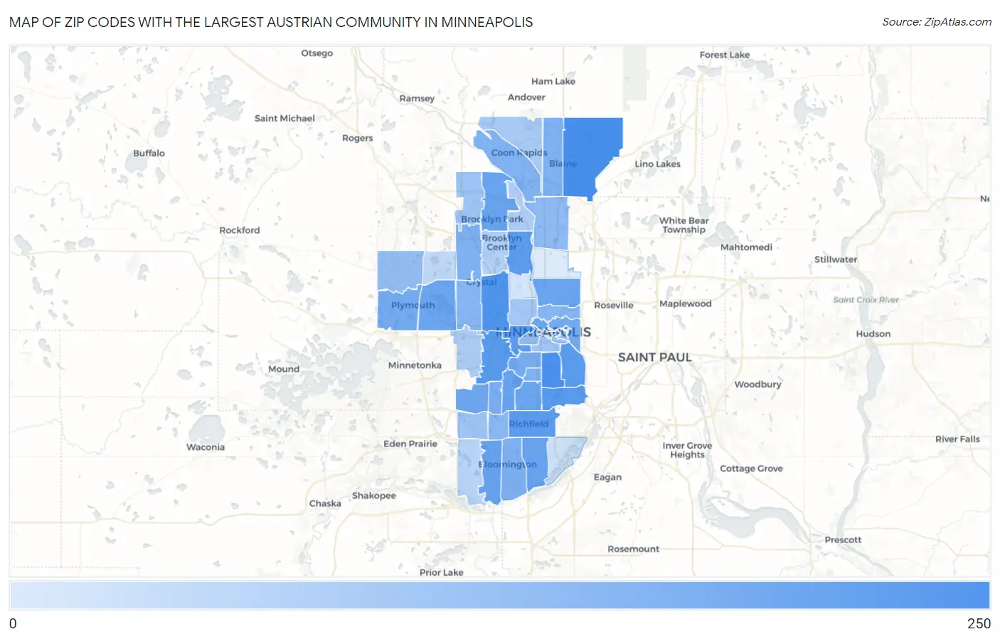 Zip Codes with the Largest Austrian Community in Minneapolis Map
