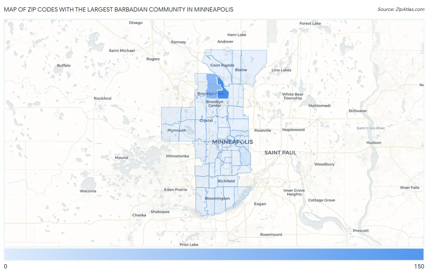 Zip Codes with the Largest Barbadian Community in Minneapolis Map