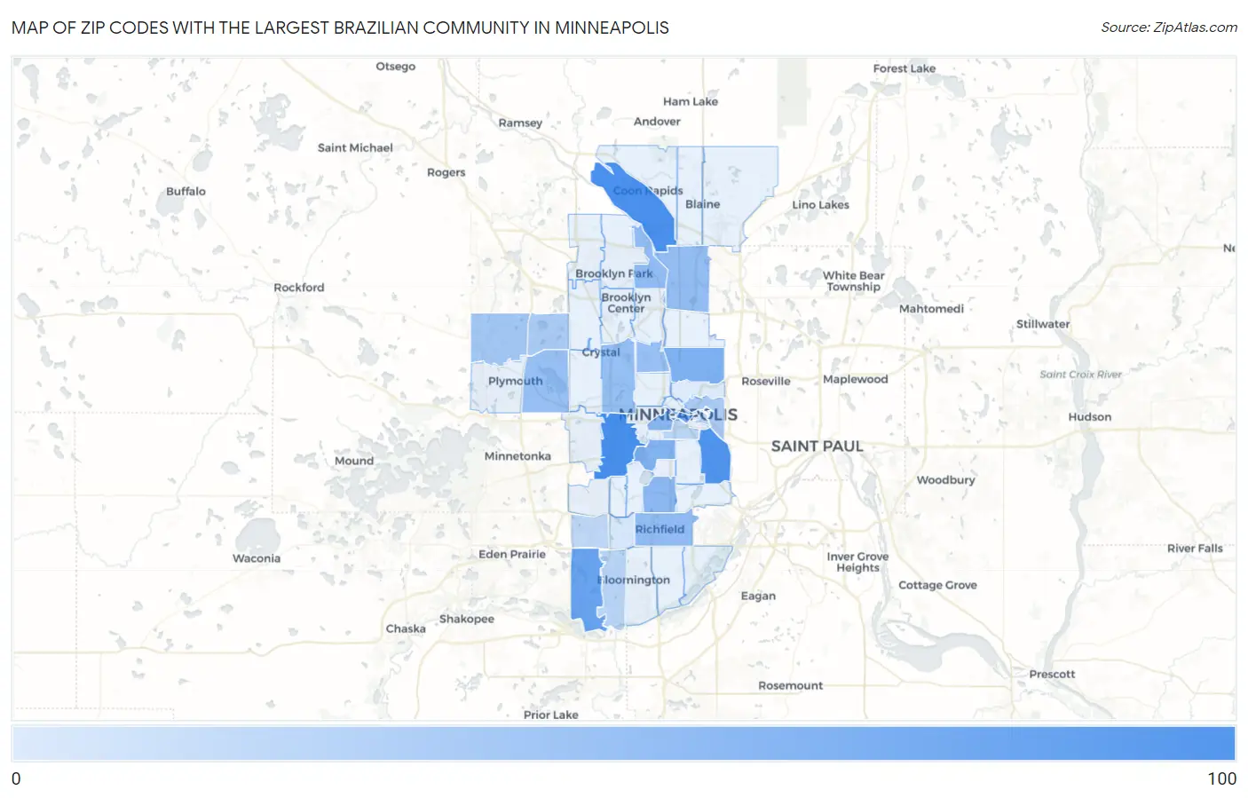 Zip Codes with the Largest Brazilian Community in Minneapolis Map