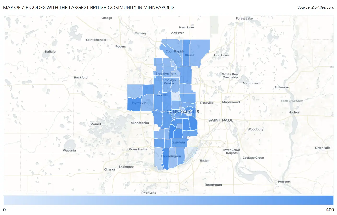 Zip Codes with the Largest British Community in Minneapolis Map