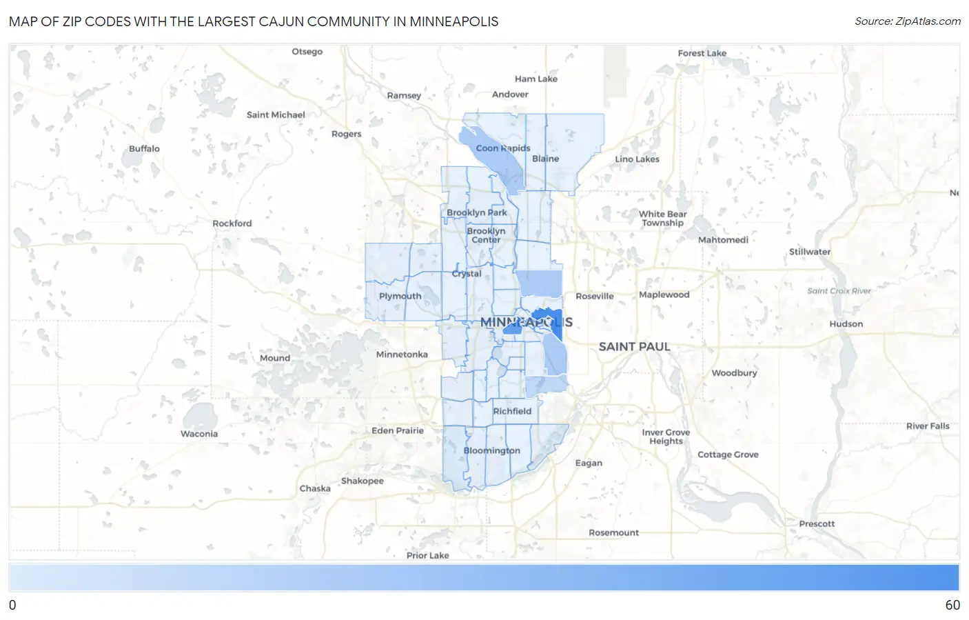 Zip Codes with the Largest Cajun Community in Minneapolis Map