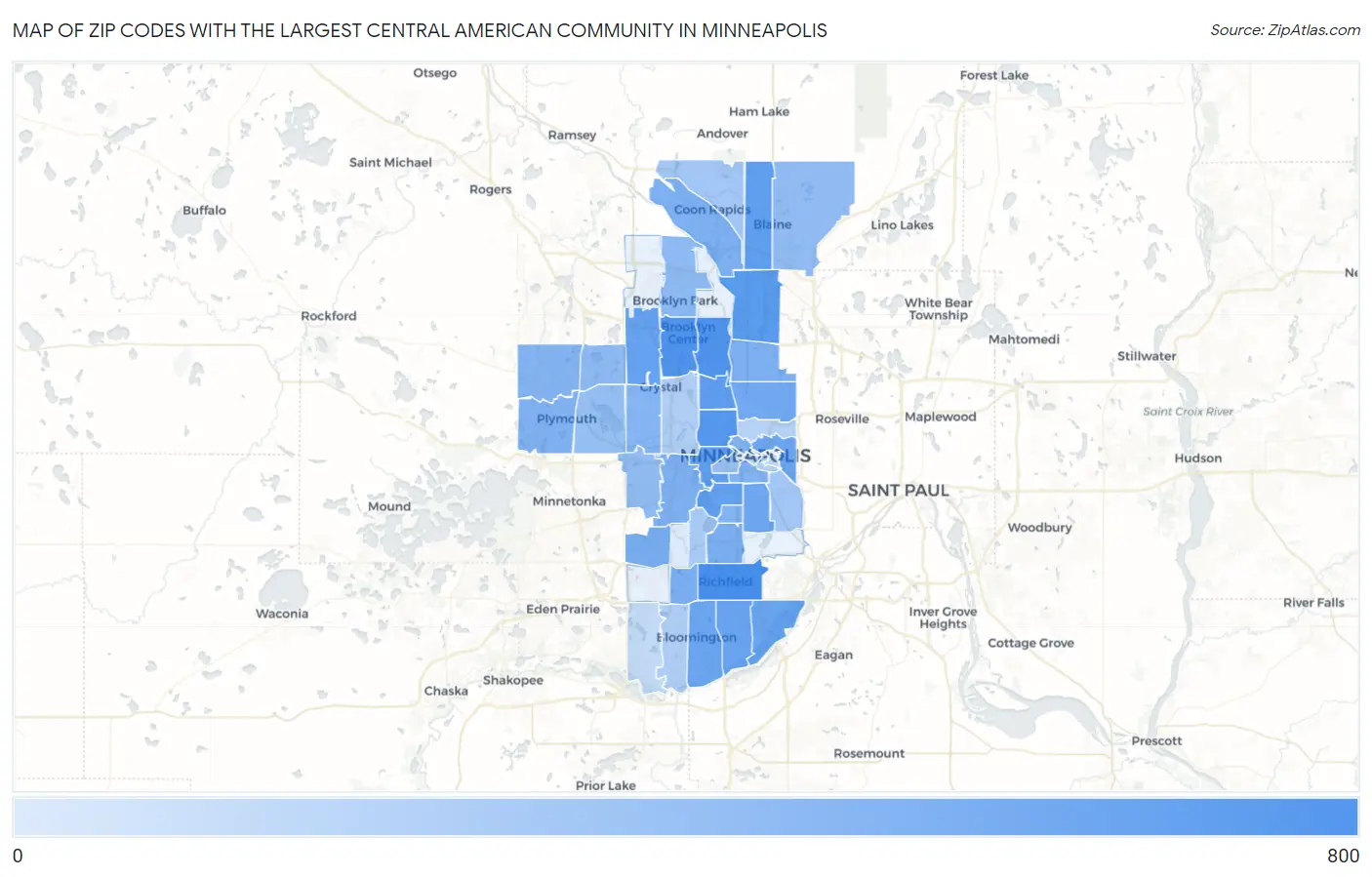 Zip Codes with the Largest Central American Community in Minneapolis Map