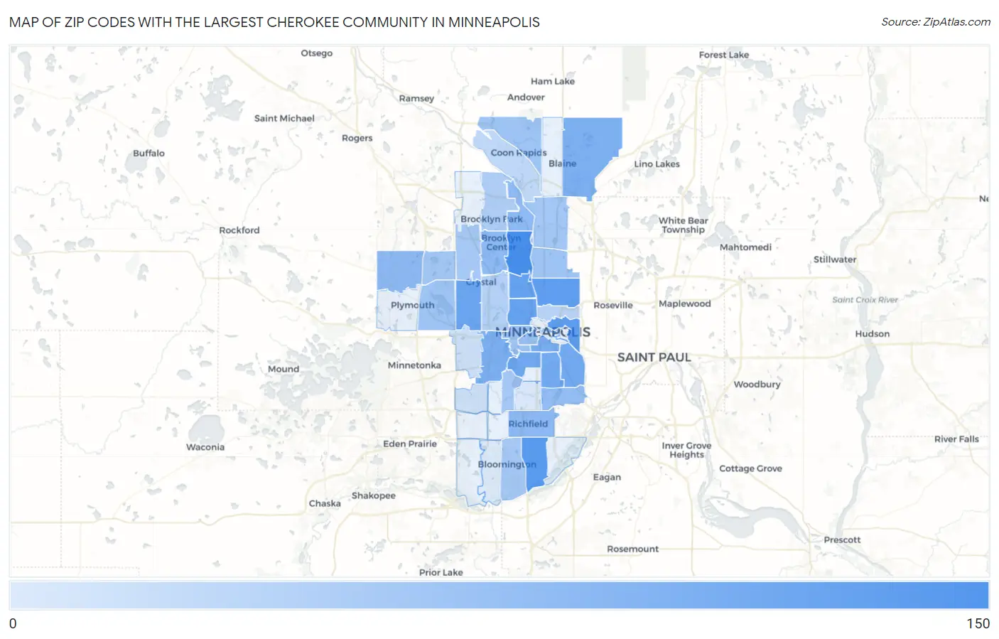 Zip Codes with the Largest Cherokee Community in Minneapolis Map