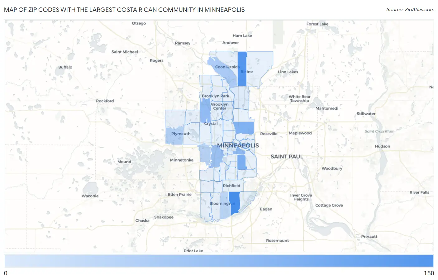 Zip Codes with the Largest Costa Rican Community in Minneapolis Map