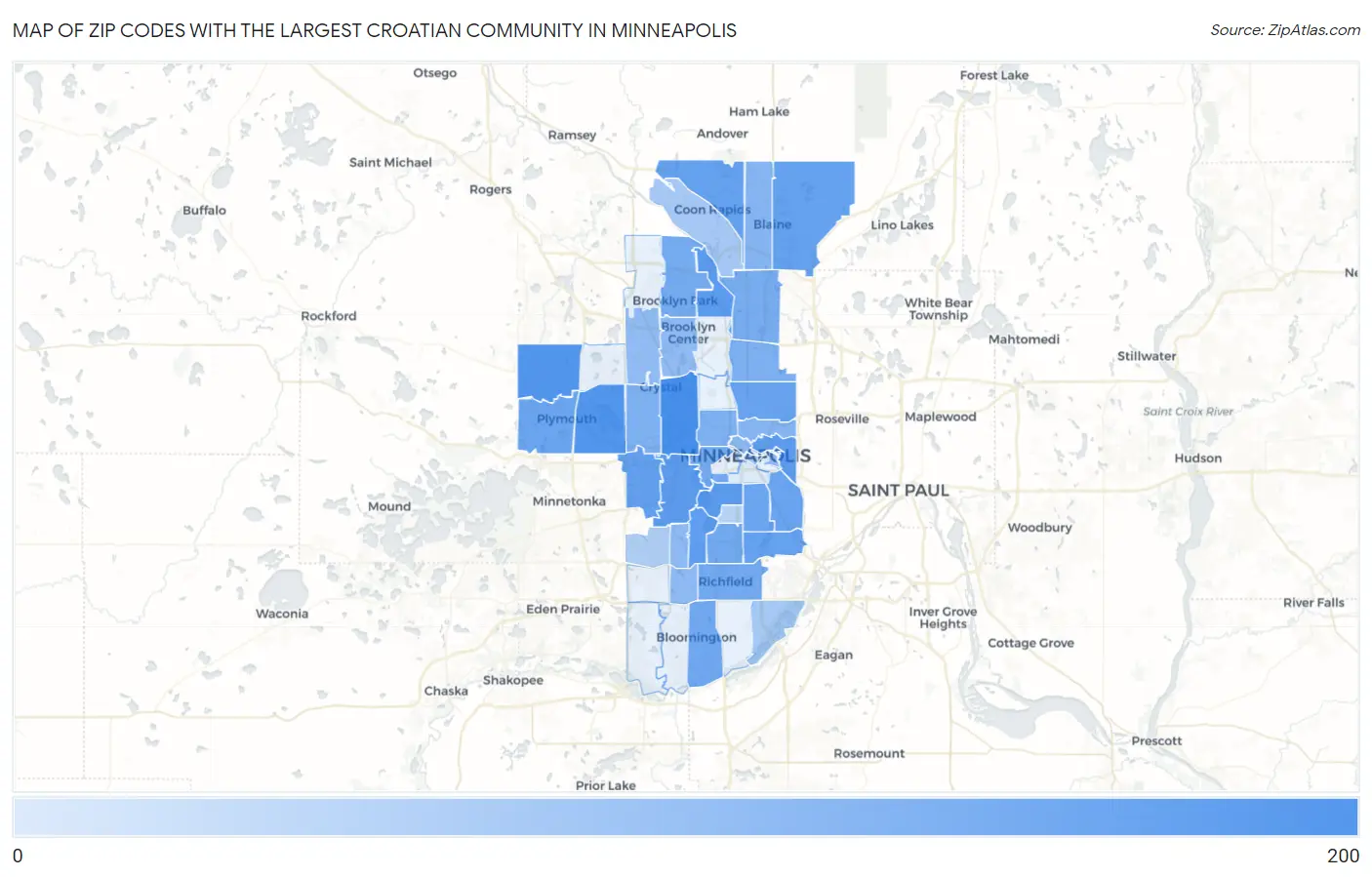 Zip Codes with the Largest Croatian Community in Minneapolis Map