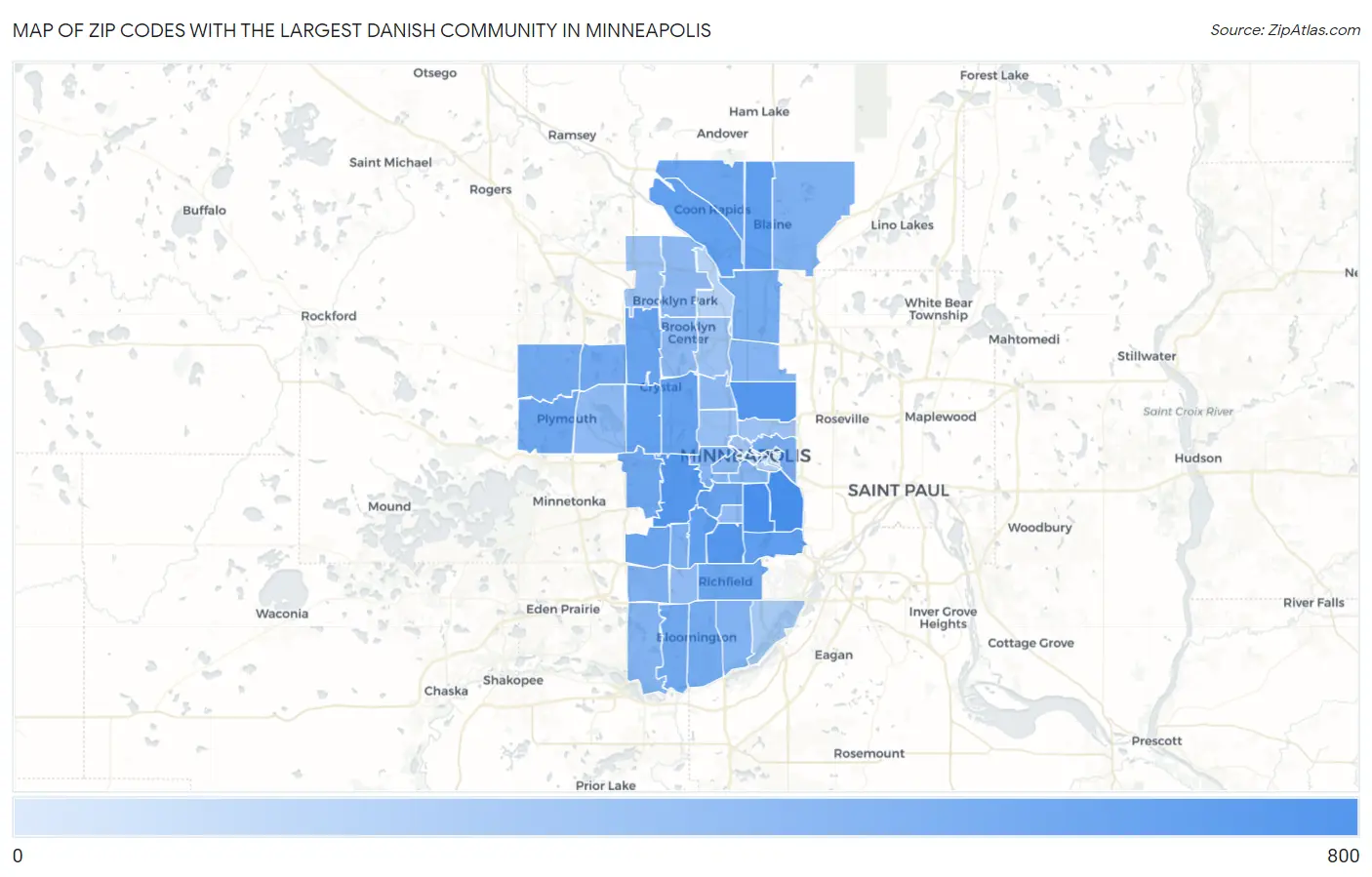 Zip Codes with the Largest Danish Community in Minneapolis Map