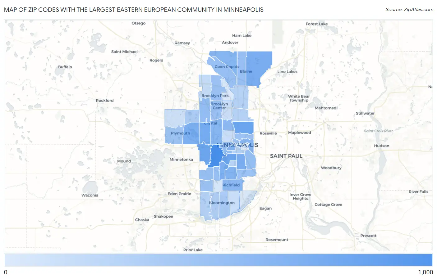 Zip Codes with the Largest Eastern European Community in Minneapolis Map