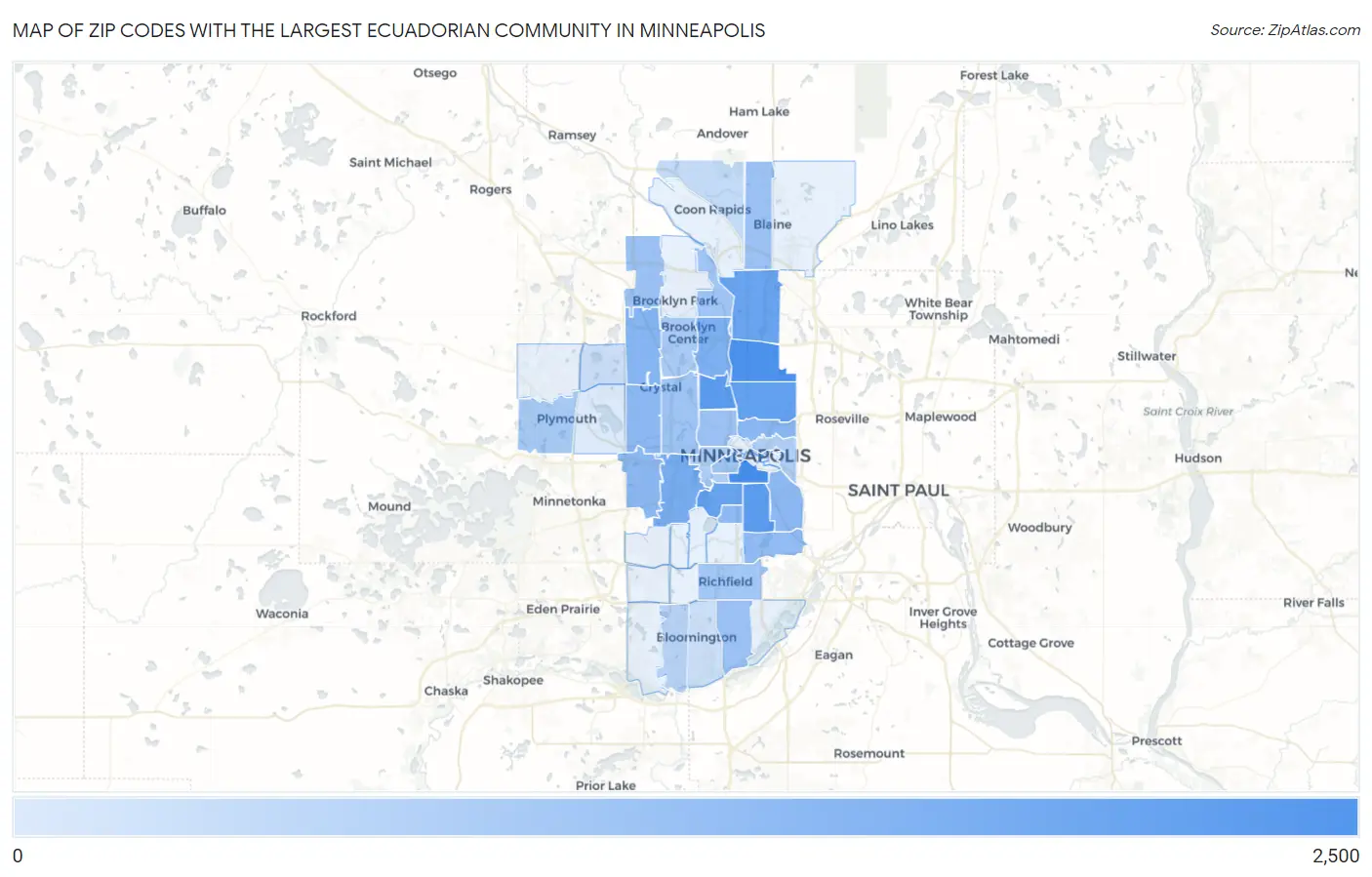 Zip Codes with the Largest Ecuadorian Community in Minneapolis Map
