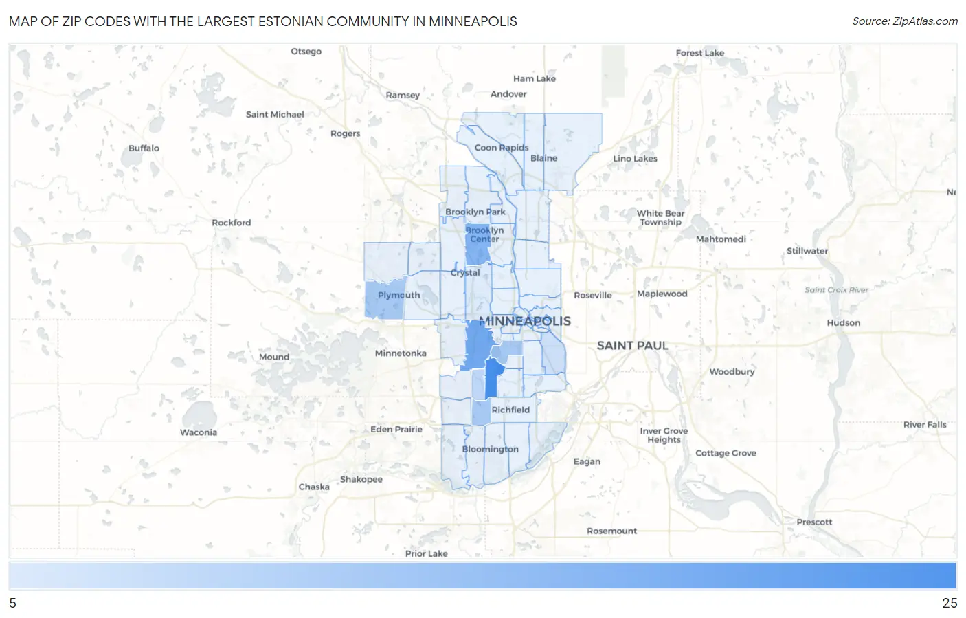 Zip Codes with the Largest Estonian Community in Minneapolis Map