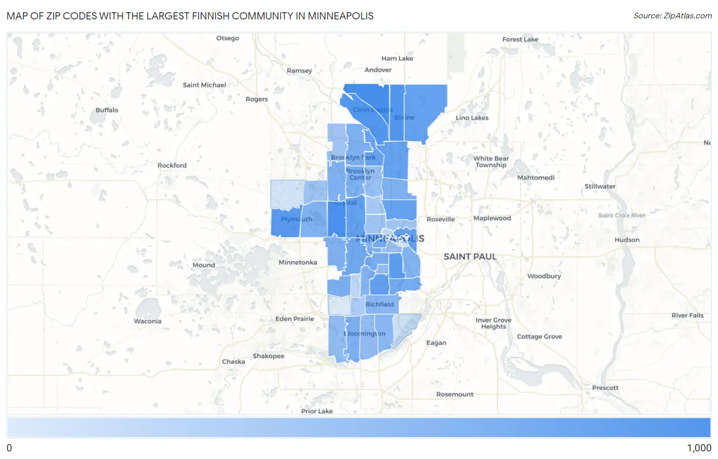 Zip Codes with the Largest Finnish Community in Minneapolis Map