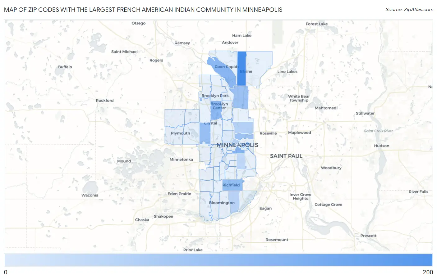 Zip Codes with the Largest French American Indian Community in Minneapolis Map