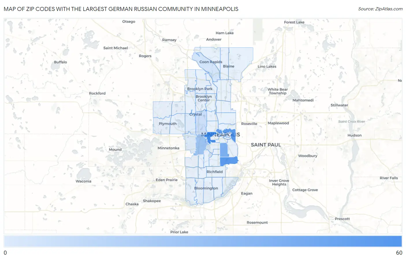 Zip Codes with the Largest German Russian Community in Minneapolis Map