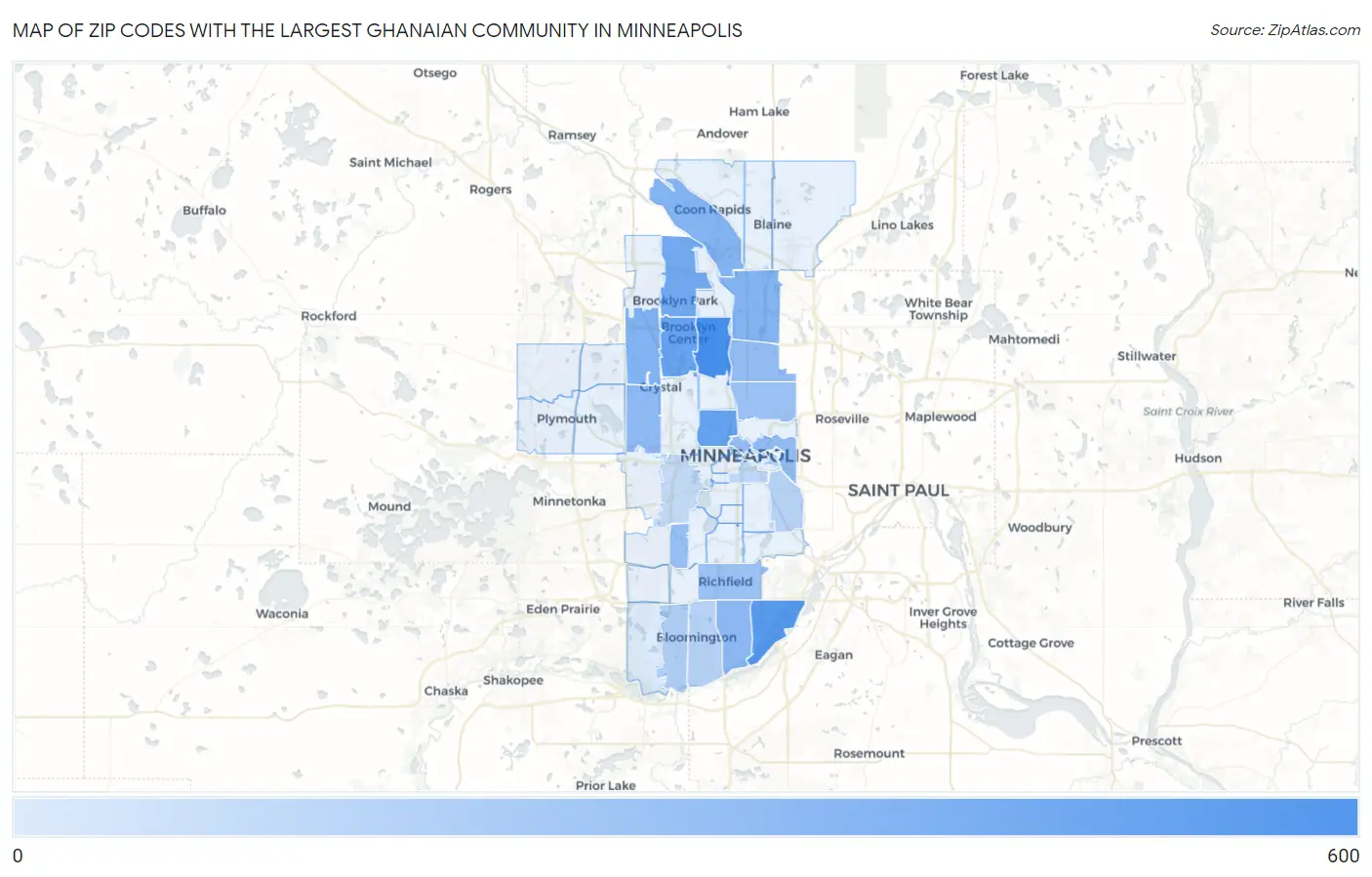 Zip Codes with the Largest Ghanaian Community in Minneapolis Map