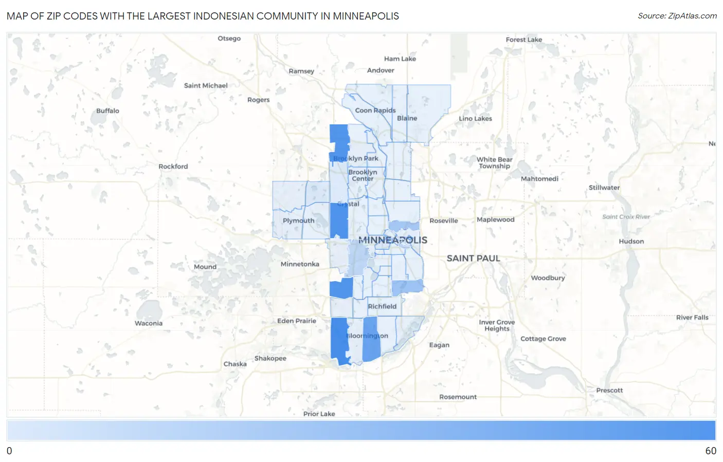 Zip Codes with the Largest Indonesian Community in Minneapolis Map