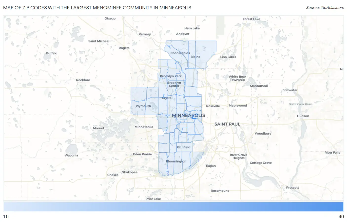 Zip Codes with the Largest Menominee Community in Minneapolis Map