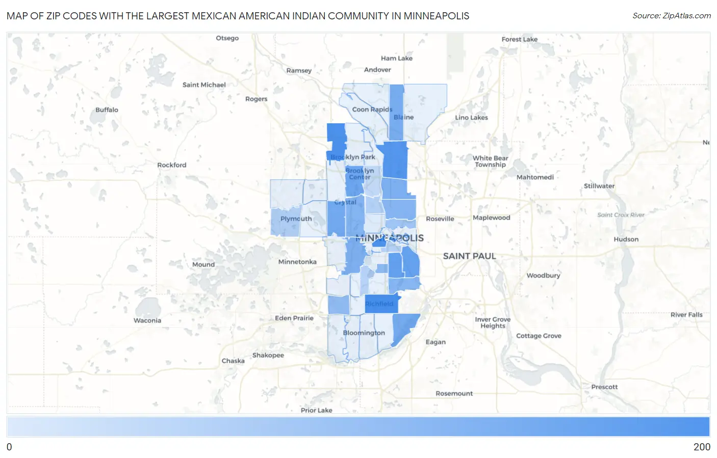 Zip Codes with the Largest Mexican American Indian Community in Minneapolis Map