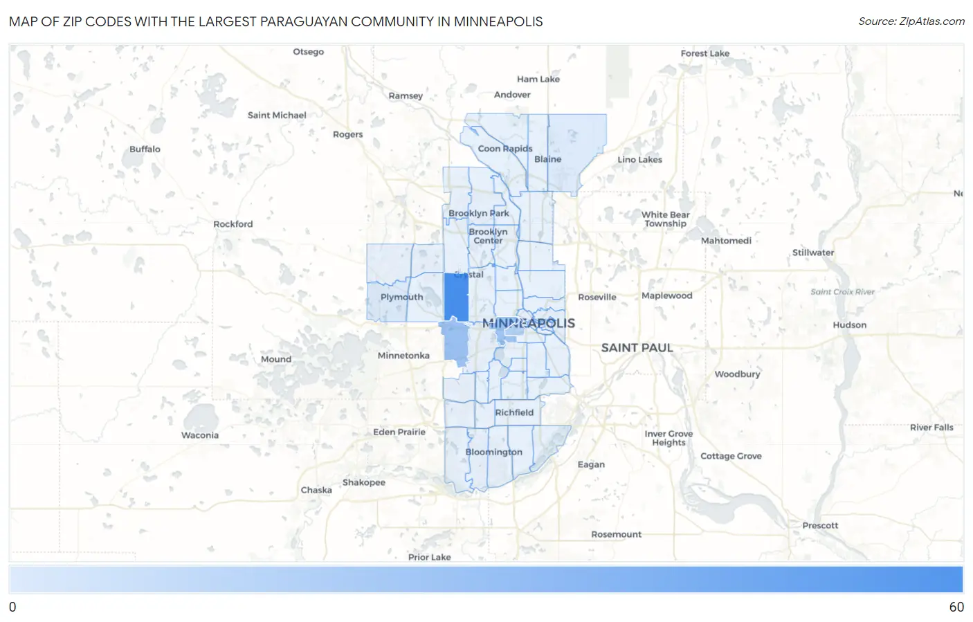 Zip Codes with the Largest Paraguayan Community in Minneapolis Map