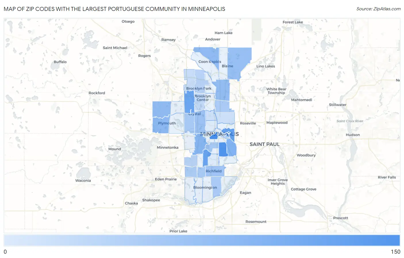 Zip Codes with the Largest Portuguese Community in Minneapolis Map