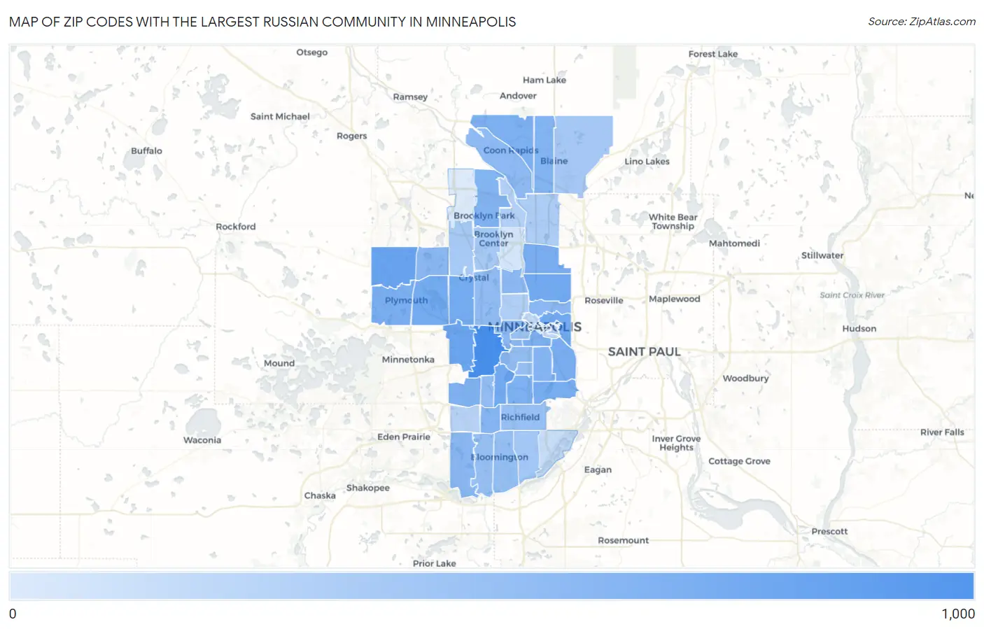 Zip Codes with the Largest Russian Community in Minneapolis Map