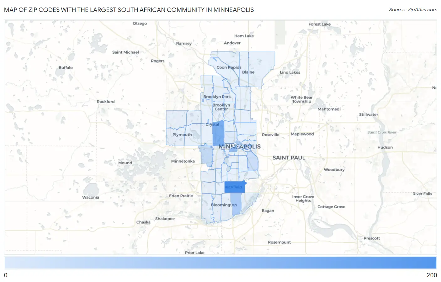 Zip Codes with the Largest South African Community in Minneapolis Map