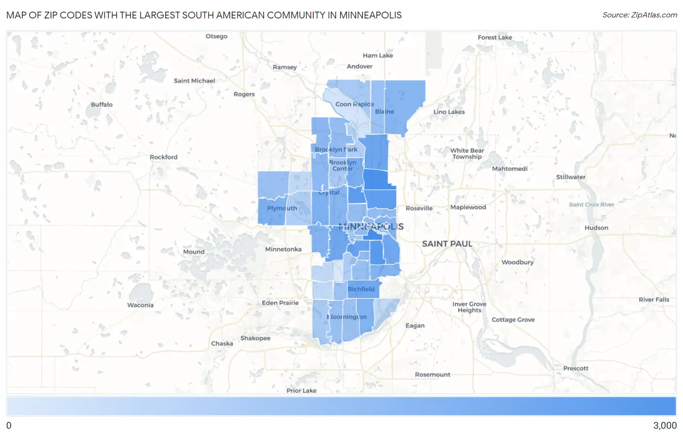 Zip Codes with the Largest South American Community in Minneapolis Map
