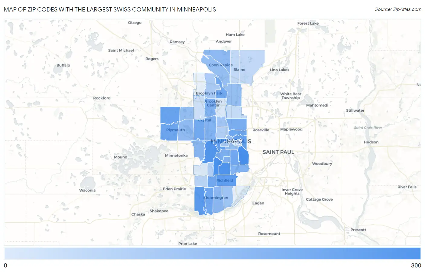 Zip Codes with the Largest Swiss Community in Minneapolis Map