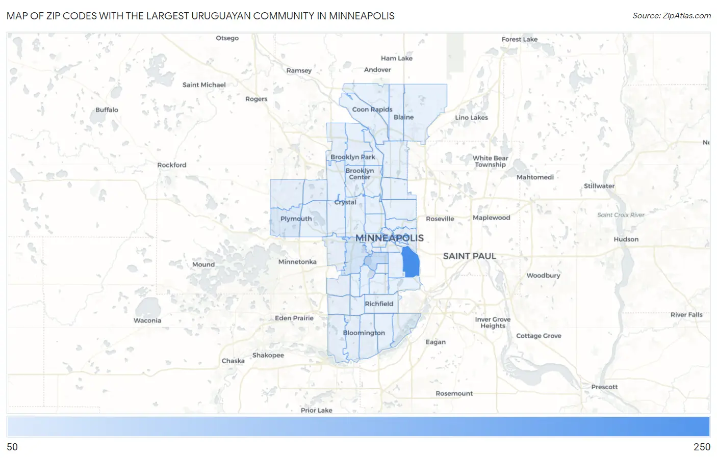 Zip Codes with the Largest Uruguayan Community in Minneapolis Map